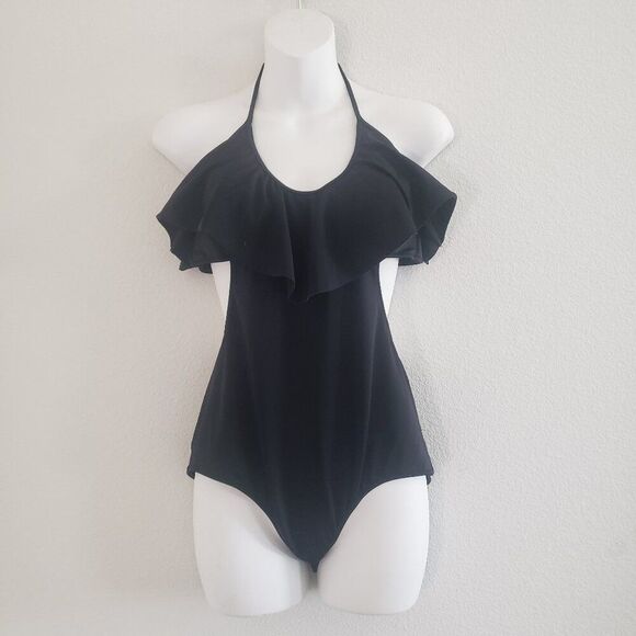 Victoria's Secret One Piece Swimsuit Large Black Cutout Ruffle Romantic Feminine - Picture 1 of 9